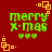 Red background with green text reading 'merry X-mas' and three small hearts, surrounded by yellow square corner decorations.