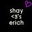 Pixelated text 'shay <3's erich' appears twice on black background with purple heart symbol above center.