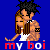 Pixel art contact sheet showing two frames of an animated buddy icon with a cartoon couple embracing against blue background and "my boi" text.