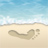 Pixelated beach scene with light brown sand, two footprints in the foreground, and a blue sky above.