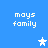 Blue background with four instances of 'mays family' text and three star icons in white and light blue.