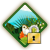 Pixelated diamond-shaped icon with green border, light blue triangular top, white peak, green foliage, white owl, orange flower, and yellow lock with black keyhole.