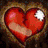 A red heart with a white patch on its upper right corner, set against a brown textured background.