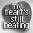 15 grayscale buddy icons showing a heart shape with text 'my heart's still beating' in pixelated font, transitioning to solid heart shapes in the bottom