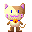 Pixelated cat avatar with cream and brown fur, pink inner ears, blue eyes, purple cheeks, and orange bow, standing against gray background.
