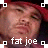 A pixelated image of a person wearing a red cap with text 'fat joe' below, surrounded by white square corner markers.