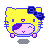 Pixel art character with yellow cat ears, blue outline, purple bow on head, pink face, and closed eyes in four variations showing mouth expressions.