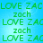 Green pixelated text "LOVE ZAC" and "zach" repeats on a light blue background with subtle gradient.