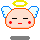 Pixelated angel icon with closed eyes, red cheeks, and yellow halo; two states show head color change from peach to light blue.