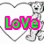 Two identical cartoon dogs stand inside heart outlines holding hands, with the word 'Love' in green and pink text below each dog.