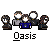 Pixel art animation of a group of figures with the word 'Oasis' in stylized text, showing sequential changes to figure positions and text colors.
