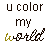 Animated text-based icon showing "u color my world" with changing accent colors on the word "world" across frames.