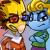 Two pixelated characters with yellow hair stand side-by-side; one wears red glasses and orange pants, the other has blue skin and green clothing.