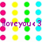 Pixelated grid of colored circles with purple text reading 'i love you 4 3' overlaid on the lower portion.