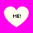 Four white heart shapes on a bright pink background, each containing the text "ME!" in black pixelated font.