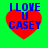 Four identical red heart-shaped icons with blue text "I LOVE U CASEY" on a bright green background, each showing slight pixelation variations across frames.
