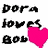 Pixelated image with text 'Dora loves Bob' and two cartoon characters, one holding a pink heart.