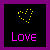 Static pixel art icon with a purple border, black background, yellow heart-shaped dot pattern above pink 'LOVE' text.