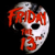 A pixelated white mask with black eye holes and red text reading 'FRIDAY 13' on a black background.