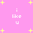 Pink background with yellow starbursts and repeated white text "i like u" in pixelated font.