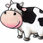 Pixelated cow with black-and-white patches, pink nose and ears, smiling expression on white background next to black with text