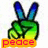 Green hand making peace sign with blue-tipped fingers, orange and red 'peace' text below on white background.