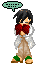 Pixel art character with black hair, red bow tie, white shirt, brown pants, green shoes, and speech bubbles in various poses.