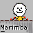 Pixel art contact sheet showing three frames of a yellow stick figure with red limbs performing motion on a gray background, each frame labeled "Marimba" in pixelated text below the character.