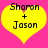 Two identical yellow heart-shaped icons on a bright pink background, each containing black text reading "Sharon + Jason" in a pixelated font.