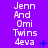 Purple background with white pixelated text reading "Jenn And Omi Twins 4eva" repeated in three vertical , each containing four identical copies of the text block