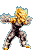 A pixelated character with spiky golden hair and dark pants performs a sequence of energy attack poses against gray background.