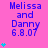 A static image with a bright pink background displays repeated text "Melissa and Danny 6.8.07" in blue, accompanied by cyan heart symbols that increase in number from left to right across three