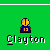 Pixelated green background with repeated 'Clayton' text and blue-yellow head icons, some with football player overlays and motion effects.