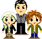 Pixel art animation of three cartoon characters with changing poses and expressions across frames, featuring a white-hatted figure, a checkered-shirt figure, and a green-jacketed figure.