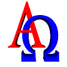 A 3x3 contact sheet of animated frames showing red and blue Greek letters alpha (Α) and omega (Ω) in various overlapping positions with solid white background.