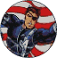 A circular icon shows a muscular figure in blue and silver armor against red-and-white striped background, with visible animation frames showing rotation.