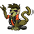 Pixelated character with green skin, dark hair, and purple eyewear wears orange accents on a black outfit while raising one arm and holding a curved tail.