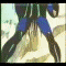 Animated sequence of a character in blue and black armor standing on rocky terrain, transitioning through poses with glowing purple energy effects.