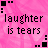 Pixelated text on a pink background with black and blue corner accents, displaying phrases like 'laughter is tears' and 'turned inside out'.