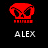 Red skull icon with crossed bones above 'ALEX' text on black background, showing pixelated animation changes across frames.