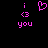Pixelated pink text and symbols on black background: 'i', '<3', 'you' with a heart symbol replacing the '<3' in one view.