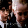 Six of a Harry Potter scene with characters in school uniforms and overlaid text exchanges about calling someone a 'bitch'