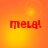 Four identical display red text 'mela!' on a gradient orange-yellow background with subtle circular light effects
