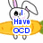 Pixelated bunny with pink ears holds a carrot; text above changes across frames from 'I Have OCD' to 'Cullen' to 'Disorder' to '333333'.