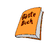 Animated sequence of a book with orange cover and blue pen, showing opening pages and writing actions.