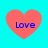 Four identical pink hearts with blue 'Love' text on a cyan background, arranged in a