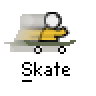Pixelated animated buddy icon featuring a stick figure on a skateboard with motion blur effects, displayed in a contact sheet format with two identical frames and red text branding.