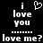 Black background with white pixelated text and symbols: 'i' above a heart, 'love you', ellipses, and 'love me?' in two side-by-side