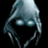Pixelated figure with glowing eyes and hooded cloak against black background, accompanied by red pixelated text about death and embracing the end.