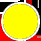 Two circular shapes with white borders, one yellow and one black, set against a red background with pixelated edges.